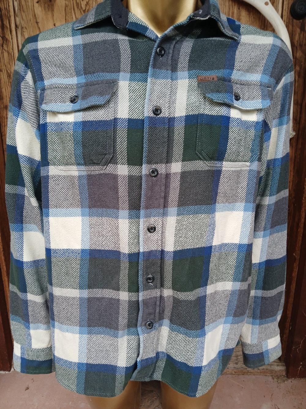 Orvis Heavyweight Plaid Flannel Shirt Jacket Blue Green Men's Size Large